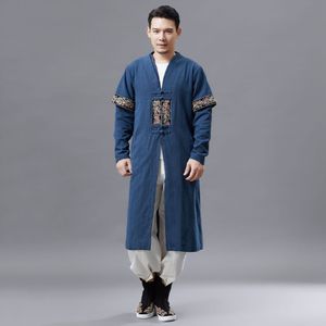 Ethnic Clothing Asian Traditional Tops Men Chinese Style Embroidered gown Autumn Cotton Linen Long Robe male Hanfu Tang Suit Costume