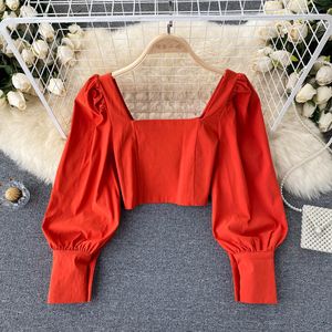 Korta toppar kvinnors blusar 2022 Spring Autumn New Fashion Party Square Collar Slim Long Sleeve Shirt Solid Color Blus