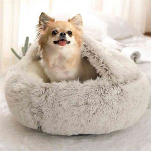 Pies łóżko okrągły pluszowy kot ciepły dom miękki długie zwierzę domowe dla małych gniazdo 2 w 1 poduszki śpi sofa 210924