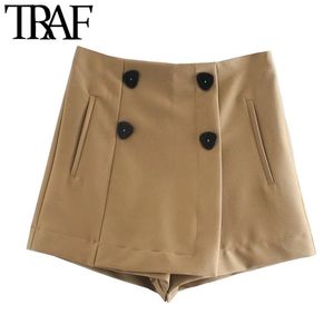Women Chic Fashion With Double Buttons Shorts Skirts Vintage High Waist Side Zipper Female Skort Mujer 210507