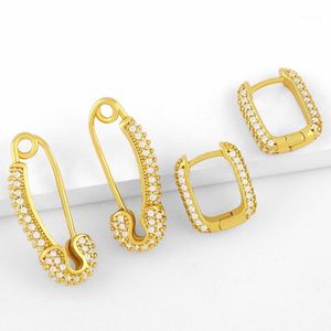 Hoop & Huggie FLOLA Gold Plated Safety Pin Earrings For Women Small Square Hoops CZ Pave Cubic Zirconia Huggies Jewelry Gifts Ersw55