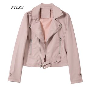 Women Faux Soft Leather Pu Jacket Turndown Collar Rivet Zipper Motorcycle Coats Female Pink Black Red Outwear 210430