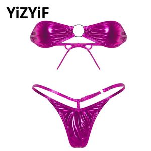 Bikinis Damen-Badebekleidung, trägerlos, Mini-BH, Top, Tanga, G-String, Dessous-Set, sexy Badeanzug, glänzender metallischer Bikini, Strandmode für Damen