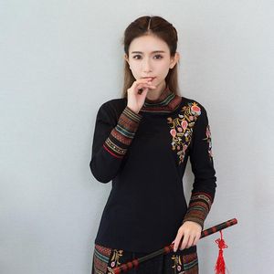 Etnisk Kläder Kinesisk Stil Kvinnor Kläder 2021 Höst Retro Broderi Bomull Blus Svart Hanfu Ladies Toppar 11984