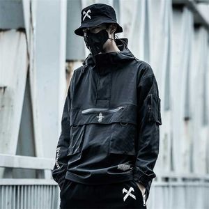 Techwear Anorakフード付きウインドブレーカーポケットブラックストリートウェアジャケット211217