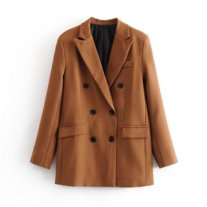 Женщины коричневый сплошной двубортный костюм куртка куртка офисные дамы Blazer карманы дизайн рабочие носить вершины 210430