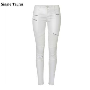 Låg midja läder PU byxor Kvinnor Streetwear Fake Zippers Vit last Punk Push Up Plus Size Skinny Coated Jean Mujer 210925