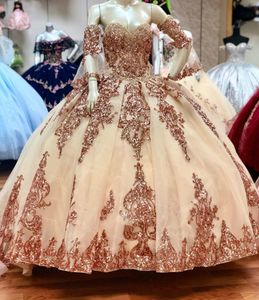 Abiti Quinceanera scintillanti in oro rosa con corsetto di paillettes Abito con lacci Sweet 16 per ragazze messicane Abito da ballo principessa Abiti da ballo formale Vestido de 15 Anos Gonna di compleanno