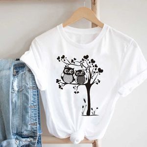 女性カジュアル漫画フクロウ恋人かわいいバレンタインデー春夏ファッション服プリントティートップTシャツ女性グラフィックTシャツX0527