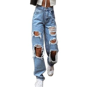 Womens Ripped Loose Fit Jeans Wide Leg For Women High Waist Blue Wash Casual Cotton Denim Trousers Summer Baggy Jean Pants 6281 220224