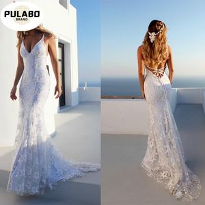 Kobiety Vintage Boho Long Backless White Beach Party Dress Aplikacje Koronki V Neck Spaghetti Pasek Princess Bride Vestidos Casual Suknie