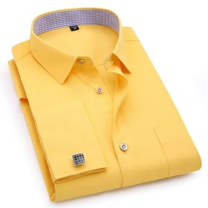 Mens franska manschettknappar Långärmade skjortor Svart Vit Blå Gul Lapel Man Business Dress Shirt Passform Bröllopsfest Män Clothin 210708