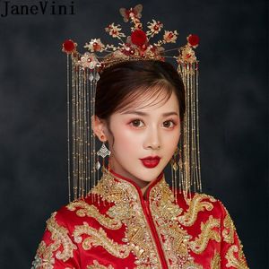 Janevini, estilo chinês ouro coroas de noiva antigas coroas de borboleta pérolas vermelhas femininas miçangas de noiva Brincos de capital de casamento