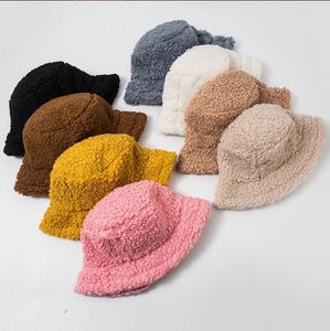 2021 Vinter Bucket Hat Lamb Faux Fur Girls Varma hattar förtjockad Plysch Fisherman Hat Panama Casual Caps Barngåva 8 färger
