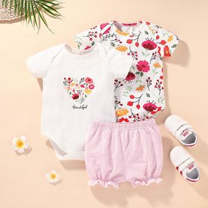 Summer BABY Girls 3 Pieces Clothes Set Lovely Cartoon Cotton Bodysuit+Tops+Shorts Super Cute Soft Bebies Kids Clothing Outfits