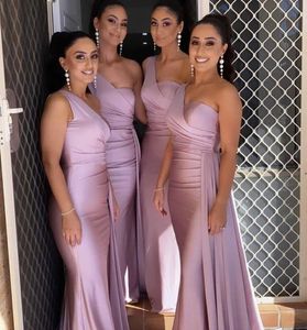 2022 Sexig en axel brudtärna klänningar för afrikansk unik design full längd bröllop gästklänningar junior piga av ära klänning band elastisk silke som satin party