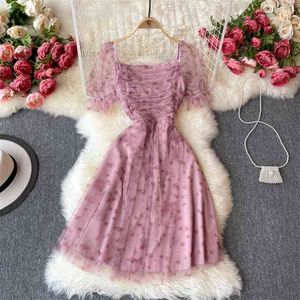 Sommer Casual Mesh Party Kleid Frauen Koreanische Süße Nette Elegante Quadratische Kragen Puff Hülse Boho Strand Vestido De Mujer 210514