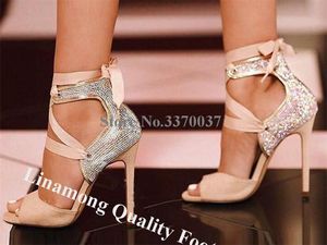 Wholesale suede peep toe stiletto shoes for sale - Group buy Linamong Elegant Peep Toe Suede Leather Back Rhinestone Stiletto Heel Sandals Lace up Crystal High Wedding Shoes