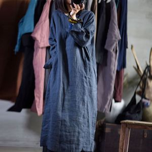 ジョニー教徒の秋のコットンリネン快適なOネックポケットプラスサイズのドレス緩いレジャー3色の女性長袖ドレス210521