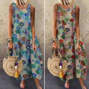 ZANZEA 2021 Fashion Summer Maxi DrWomen's Printed SundrCasual SleevelTank Vestidos Female O Neck Robe Plus Size 5XL X0529