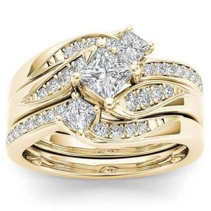Anéis de casamento clássico princesa 3 pçs conjunto charme ouro rosa zircão anel de noivado presente de aniversário nupcial para mulheres joias da moda