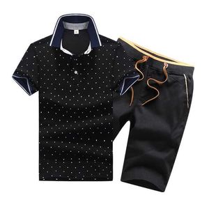 2 частей наборы мужчин хлопок лето мужские рубашки поло кнопки мужские мужские наборы поворота вниз шею 4xl шорты и полос для мужчин одежда тонкий стиль 210601