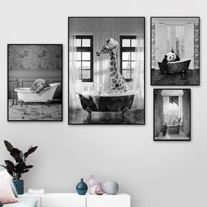 Wholesale wall prints for nursery for sale - Group buy Animal In Bathtub Poster Print Giraffe Camel Elephant Panda Bath Canvas Painting Nursery Wall Art Pictures Kid Room Home Decor Paintings