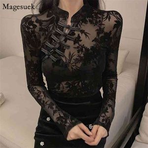 Fashion Perspective Sexy Black Blouse Women Printed Long Sleeve Top Casual Vintage Lace Shirts Blusas 11350 210512