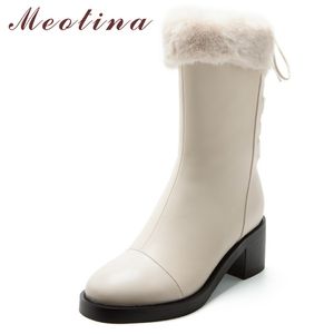 Stivali da donna in vera pelle naturale piattaforma tacco alto a metà polpaccio stringate scarpe spesse donna inverno bianco 210517