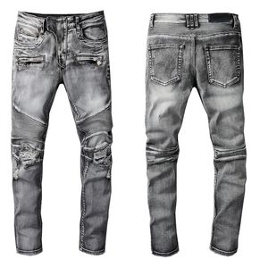 Men's Long Slim Jeans Stripped Ripped Hole out Designer High Quality Washed Gray Demin Pants Streetwear jeans Trousers