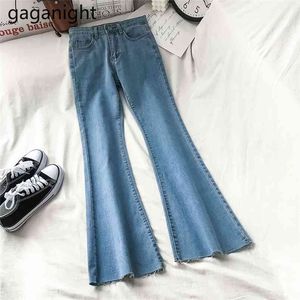 Elastic High Waist Straight Flare Jeans Women Casual Washed Denim Pants Floor Trousers Bleached Mom Streetwear 210601