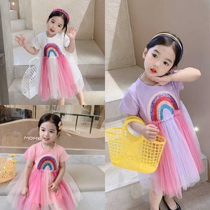 Ins Mädchen Regenbogen Kleid Kinder Tüll Mesh Sommerkleid Kleidung Kurzarm Baumwolle Kleid 210529