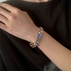 Stainless Steel Silver Color Cuban Curb Chain Bracelets for Men Women Oil Printed Chunky Metal Bangles Couple Jewelry