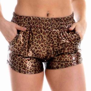 Women Skinny PU Leather Gold Leopard Shorts Summer Shiny Elastic Waist Metallic Booty Club Rave Festival Pants Bottoms 210719