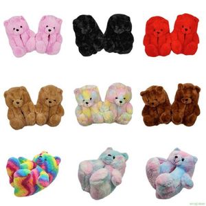 Vinter Kvinnor Teddy Bear Plush Tofflor Tecknad Söt Björnhus Slipper Varm Furry Faux Fur Slides Kvinna Furry Flip Flop Skor P0828