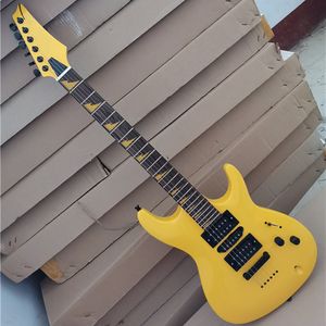 Disponibile Chitarra elettrica con intarsio giallo con pickup HSH, hardware nero, tastiera in palissandro, personalizzabile