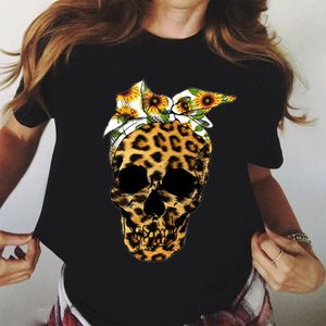 WVIOCE Moda Leopar Kafatası Baskı Tops Kadın T-shirt Yaz Artı Boyutu Siyah Kadın Yuvarlak Boyun Harajuku Top Giysileri H1