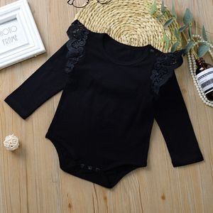 Bebê romper meninas cor sólida lace manga longa macacão primavera outono menina triângulo bodysuit 210515