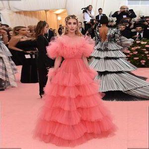 Cute Coral Long A-Line Prom Dresses Off Shoulder Puffy Tiered Tulle Skirt Chic Evening Dress Formal Party Gowns Floor Length Red Carpet Pageant