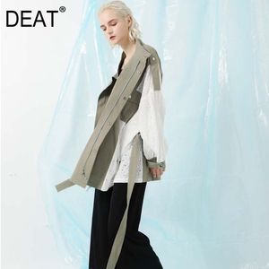 Deat New Spring Summer Fashion Casual Långärmad Snörning Splicing Wash Coat Loose Medium Long Coat Windbreaker Women SJ939 210428