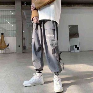 Calças de carga masculinas de verão Houzhou fina calças de carga preto para homens Calças cinza estilo coreano para homens Streetwear japonês G220224