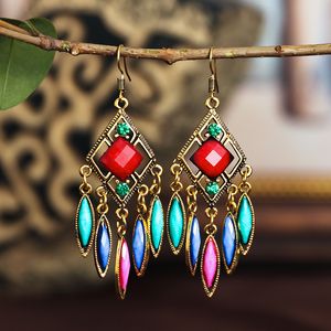 Hint Mücevher toptan satış-Antik Altın Metal Geometrik Dangle Asılı Küpe Kadınlar Için Etnik Gem Taş Boncuk Püskül Jhumka Küpe Hint Takı