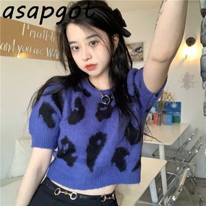 Pullover MaglioniMaglioni O Collo Manica corta Mohair Lavorato a maglia Top Stampa Estate sexy Crop Top Pull Femme Retro Abbigliamento casual 210610