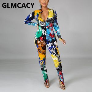 Women Graffit Printed Slim Jumpsuit Zipper Front Hiphop Overalls Women's Jumpsuits & Rompers