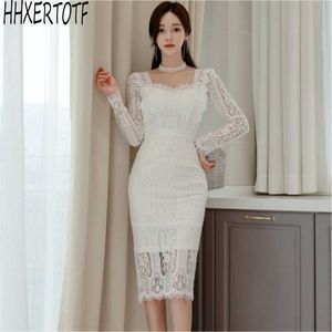 Spring Elegant Sexy women White Lace Pencil Dres Hollow Out Sheath Bodycon Dresses OL dress Vestidos 210531