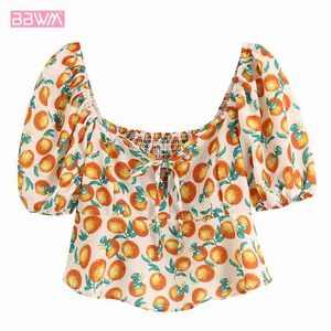 Camisa de cópia da fruta do jardim francês com mangas curtas no pescoço da bolha da bolha quadrada menina curta blusa pequena camisa 210507