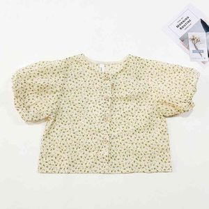 Rękaw Puff Girls Shirt Casual Top Moda Kwiat Drukuj Dzieci Ubrania Lato Cute Bluzka 1-5y 210515