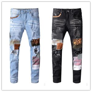 Mens Jeans Hip Hop Calças Estilista Homens Stretchy Rasgado Motocicleta Motocicleta Motociclista Bordado Rasgado Biker Jean Fit Denim Jeans Tamanho 28-40