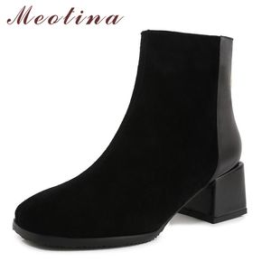 Women Ankle Boots Shoes Real Leather High Heel Short Square Toe Thick Heels Metal Decoration Zipper Lady 43 210517 GAI GAI GAI