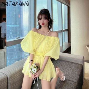 MATAKAWA Japanese Puff Sleeve Shirt Women's Summer Women Blouses Slim Waist Blusas De Mujer Sexy One-shoulder Mesh Top 210513